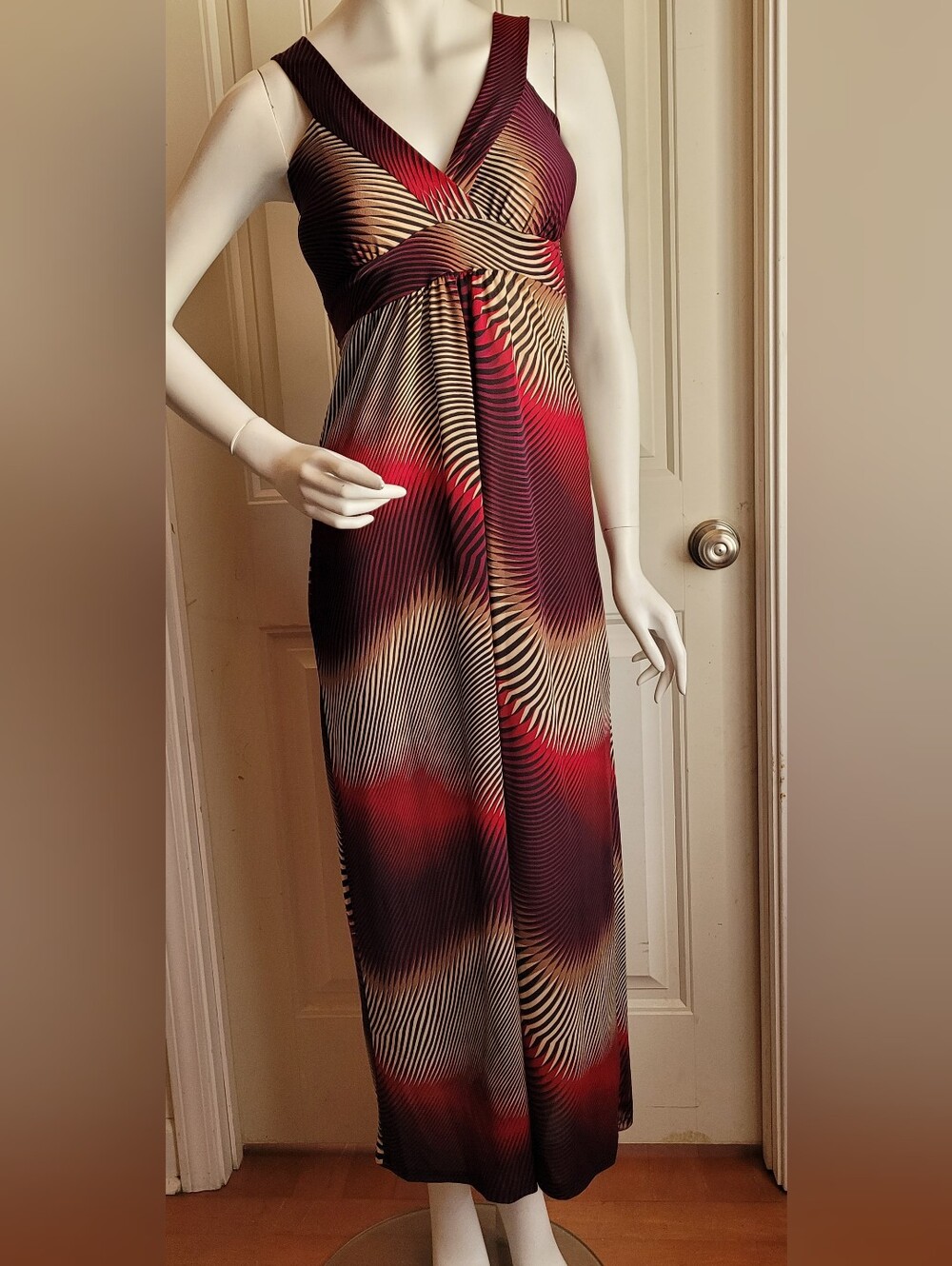 Frederick's of Hollywood Burgendy, Brown and Cream Illusion-Stripe Maxi Dress S